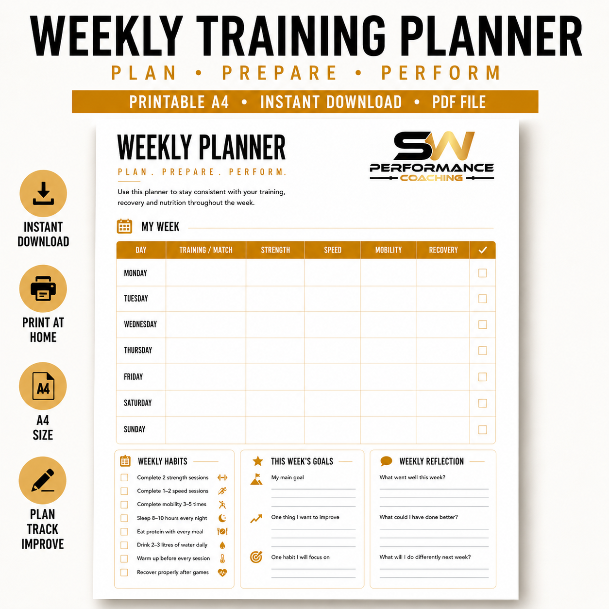 Weekly Sports Training Planner for Young Athletes – Printable A4 PDF- Digital download