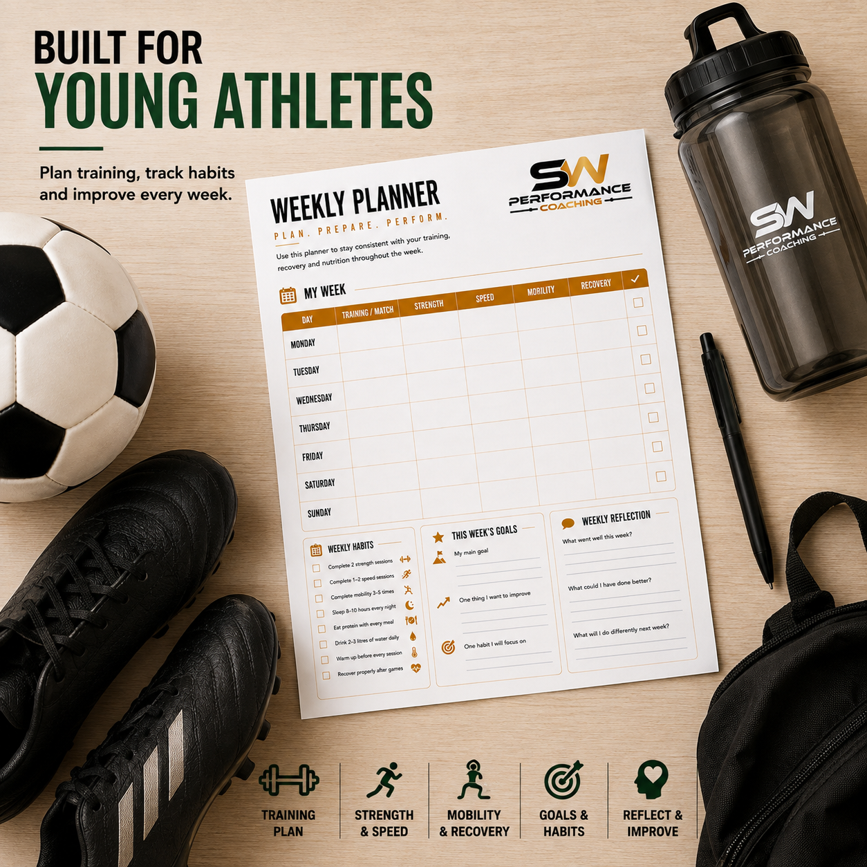 Weekly Sports Training Planner for Young Athletes – Printable A4 PDF- Digital download