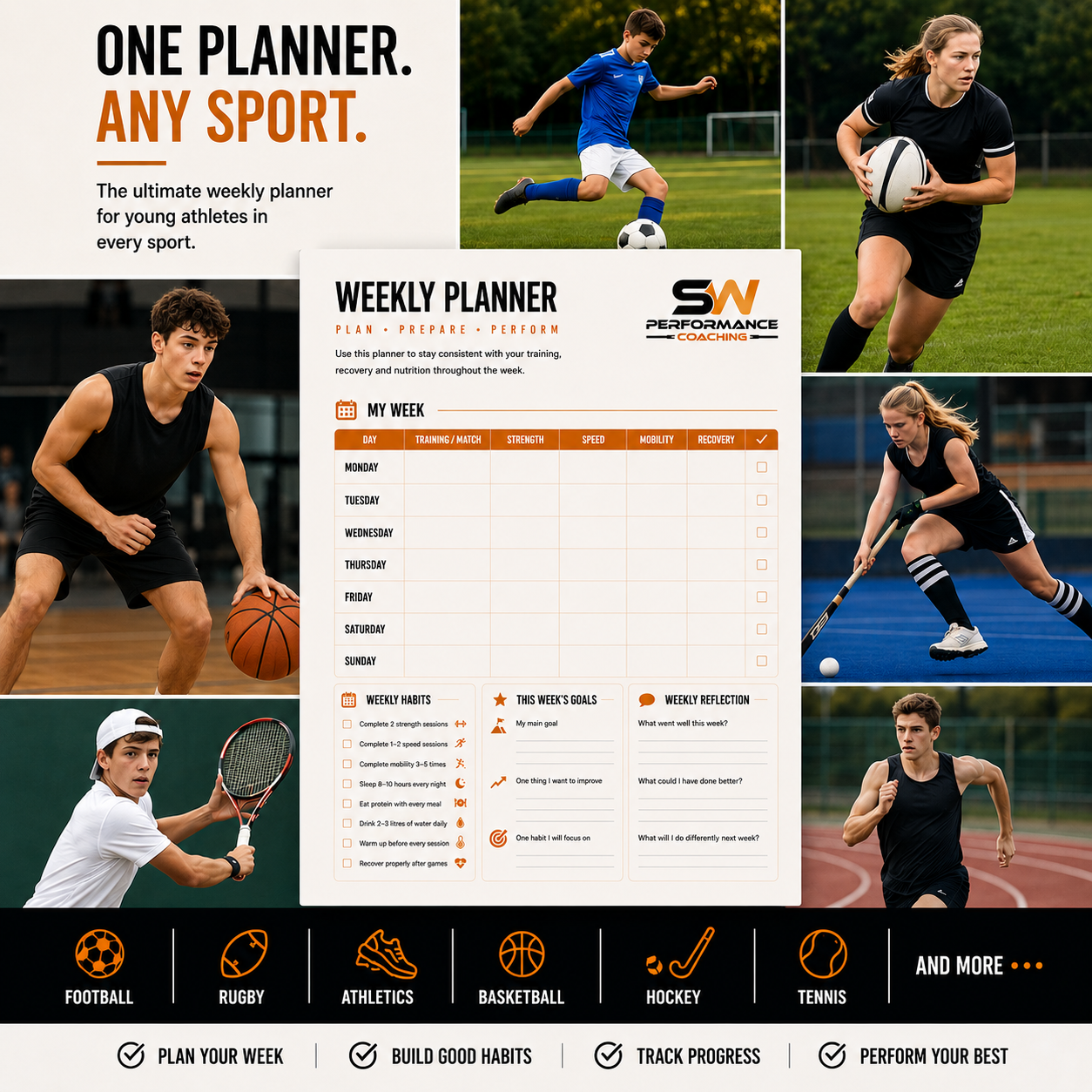 Weekly Sports Training Planner for Young Athletes – Printable A4 PDF- Digital download